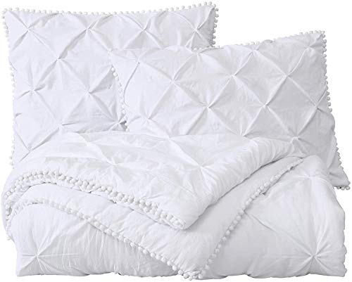 Chezmoi Collection Natalia 3-Piece Pom Pom Pinch Pleat Down Alternative Comforter Set,Soft Washed Microfiber Pinch Pleat Ball Fringe Bedding Set (Queen, White) #TOP1