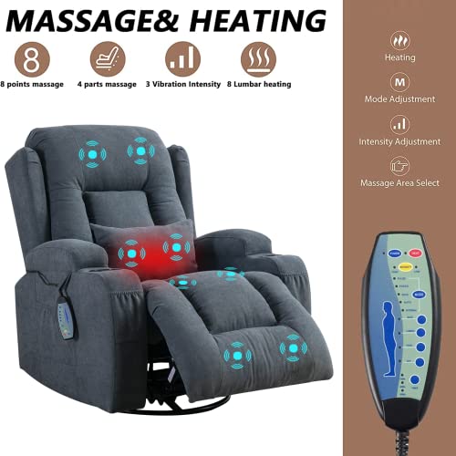 Obbolly Swivel Rocker Recliner Chair With Massage, Manual Glider Rocking Recliner Chair, Wingback Design 360° Swivel Chair With Lumbar Pillow, Cup Holders For Living Room (Blue Grey-Linen, Single) #TOP2