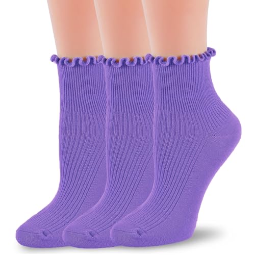 Women Ruffle Crew Socks Lightweight Thin Stripe Turn-Cuff Cute Girls Cotton Socks 3 Pairs