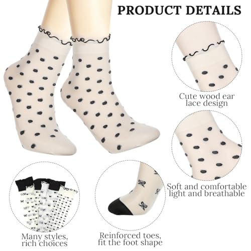 Image of Ouligay 6 Pairs Sheer Ankle Socks Women Transparent Fishnet Socks Cute Frilly Mesh Socks Women Sheer Ruffle Socks, Breathable Spring Summer Short Socks (Hearts, Stripes, Plaid)