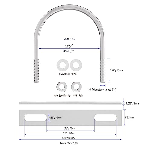 Image of 304 Stainless Steel Round Bend U-Bolts 3.5 inch(89mm) Inner Width 4.57 inch(116mm) Length M8 with Nuts, Frame Plate, Washers, Accessories for Boat Trailer Axle Sailboat Trailer