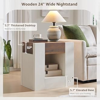 OKD Modern Nightstand with Charging Station, 24" Large Bedside Table, Rustic End Table with Drawers & Open Shelf for Bedroom/Living Room, Night Stand Wood Thick Design,Antique White