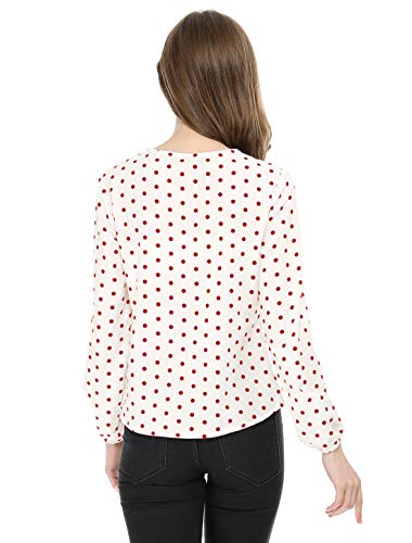 Allegra K Women's Ruffle Neck Long Sleeve Vintage Polka Dots Tunics Blouse Shirt L White Red