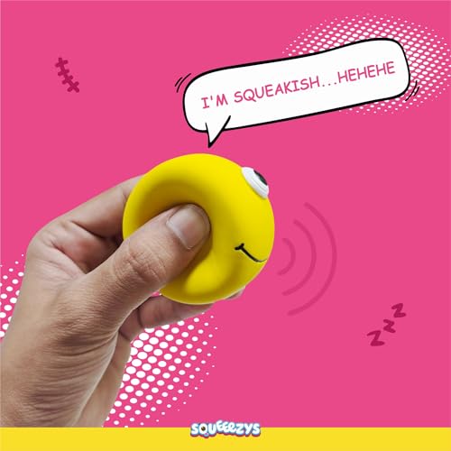 Image of SQUEEEZYS Monster Ball Yellow Squeaky Chew Toys for Dogs (Pack of 2), 100% Natural Latex Rubber, 100% Non-Toxic, 95% Biodegradable Squeaky Dog Toy, Perfect Dog Toys for X-Small-Small Breeds (0-10kgs)