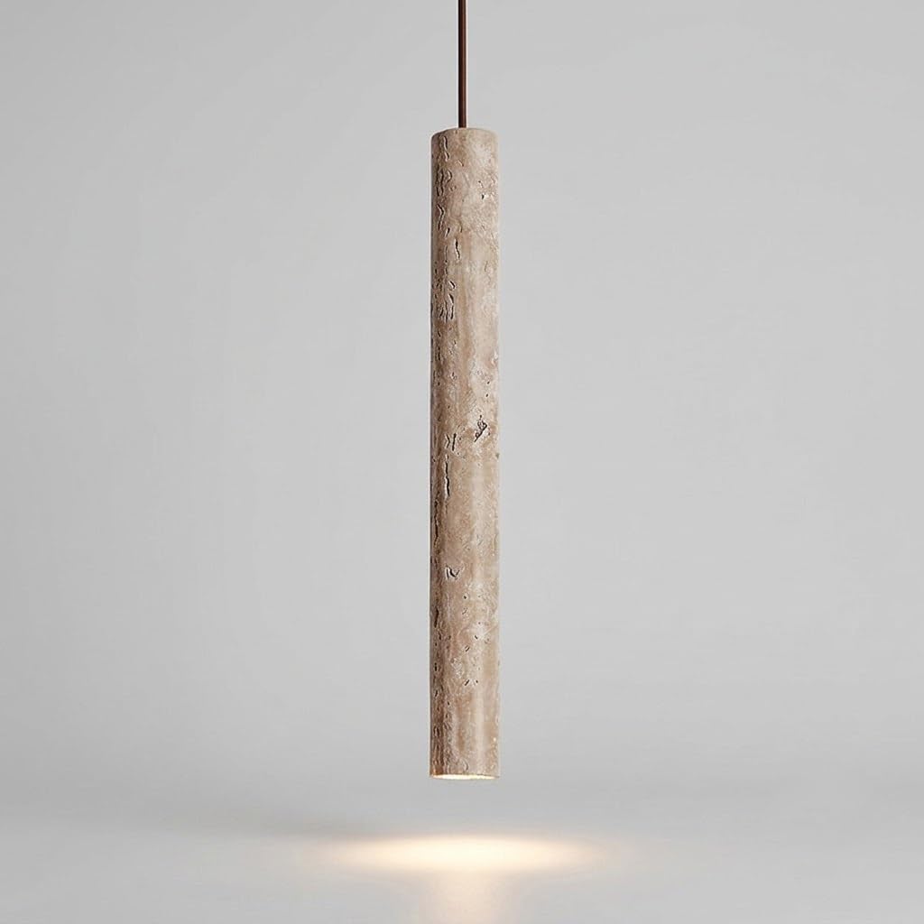 COSRUB Japanese Yellow Travertine Pendant Lights, Cream Long Tube Hanging Lamp Fixture Minimalist Cylindrical Stone Hanging Lighting for Bedside Living Room(3000K)
