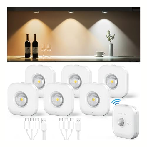 Coovee Iluminación LED para armarios con mando a distancia y detector de movimiento, foco LED recargable por USB, 3 temperaturas de color y regulación continua, mini LED luz inalámbrica, 6 piezas