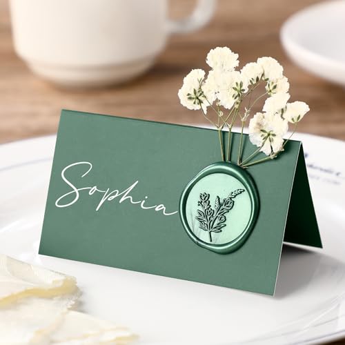 Marspark 50 Pack Wedding Place Cards with Wax Seal and Dried Flowers Table Setting Printable Place Name Card for Wedding Name Card Thanksgiving Christmas Dinner Parties Decorations (Green)