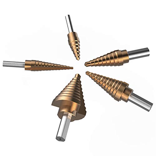 NOUVCOO 5PCS HSS Cobalt Titanium Step Drill Bit Set Tools, High Speed Steel Total 50 Sizes with Aluminum Case NC03