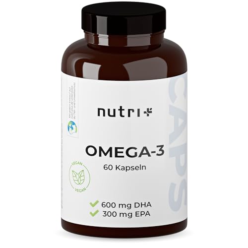 Nutri + Omega 3 Vegan Kapseln - 600 mg DHA 300 mg EPA - 1100 mg essentielle Fettsäuren - hochdosiert + pflanzlich - Algenöl ohne Fischöl & Gelatine