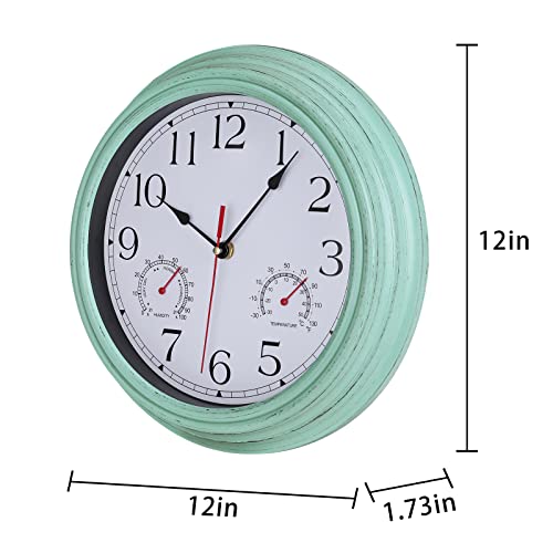 Mumtop Indoor Outdoor Clock, 12 Inch Outdoor Waterproof Wall Clock With Thermometer And Hygrometer Combo For Patio Home Living Room Decor(Sage Green) #TOP2