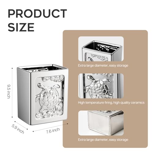 Image of Ceramic Trash Can - Square Garbage Can with Turtle Relief, Trash Bin for Bathroom, Bedroom, Kitchen, Office, 1.85 Gallon Small Waste Basket (Silver)