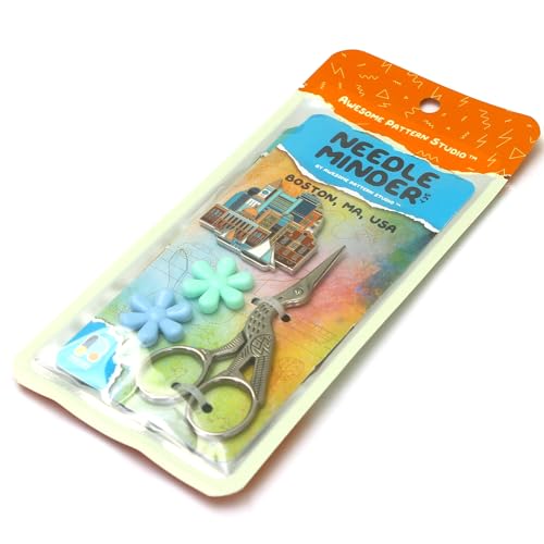 Image of Awesome Pattern Studio Needle Minder Set - Boston Magnetic Needle Minder + 2 Needle Threaders + Crane Scissors. Enamel Pin for Cross Stitch, Embroidery and Craft