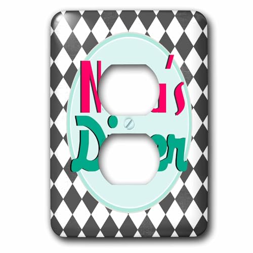 3dRose Nanas Diner sign on black - Retro pink turquoise 2 plug outlet cover