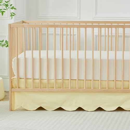 Brandream Scallop Edge Cotton Crib Skirt Toddler Bedskirt Baby Nursery Crib Bed Skirt Boho Bohemian Neutral Solid Color Light Yellow Farmhouse Chic...