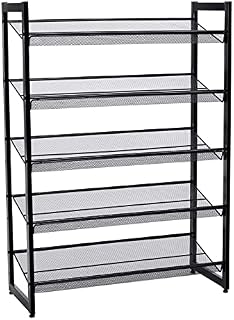 SONGMICS 5 Tier Metal Mesh Shoe Rack with Flat Angled Shelves, Large Stackable and Adjustable Boots Storage Organiser in Hallway Closet LMR005B, Black