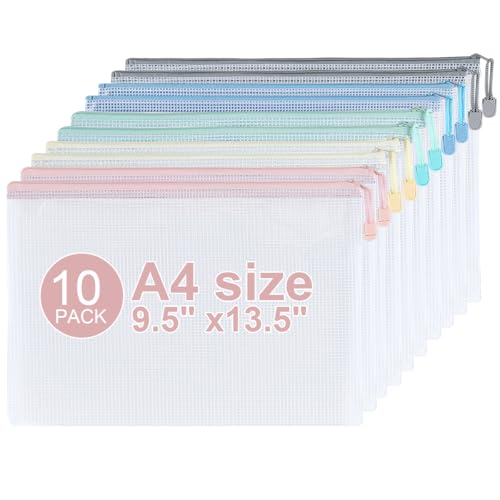 10 Pack Mesh Zipper Pouch Bags, A4 Plastic Zipper Bags,Waterproof File Pouches for Office Supplies, Travel, Storage, Puzzles & Board Games