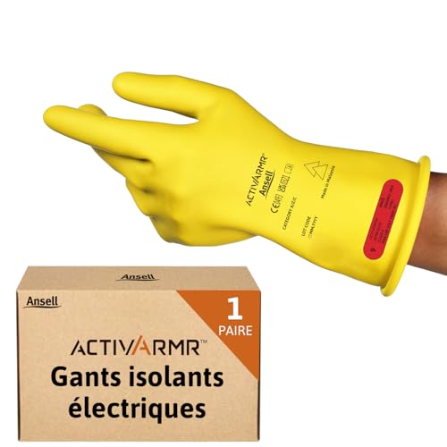 Ansell ActivArmr Gants Electricien, Protection Électrique Classe 0 (Tension 1000V), Isolants en Latex de Caoutchouc Naturel, EPI Professionel, 28cm, Jaune,...