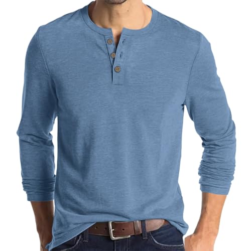 Shirt Men Graphic, Long Sleeve Casual Henley T-Shirts Lightweight Classic Tee Oversized Tops Plus Camisas Blancas para Hombres Black T Shirt (M, Light Blue)