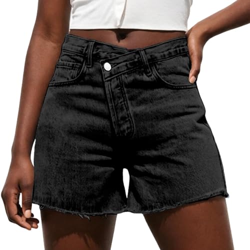 Short en jean slim à jambes larges et taille haute asymétrique pour un confort décontracté #18