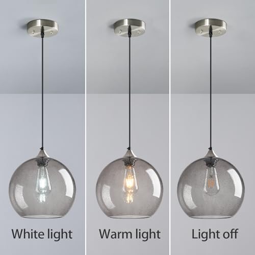 Image of Light Grey Glass Pendant Lights Kitchen Island Globe Pendant Light Fixtures Modern Pendant Lighting for Bedroom Living Dining Room Light Fixture (9.84 in, 1 Pack)