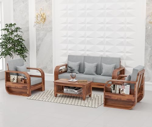Image of Sheesham Wood 5-Seater Sofa Set - Solid Wood Furniture with Honey Finish & Grey Cushions | Wooden Sofa for Living Room & Home Office
