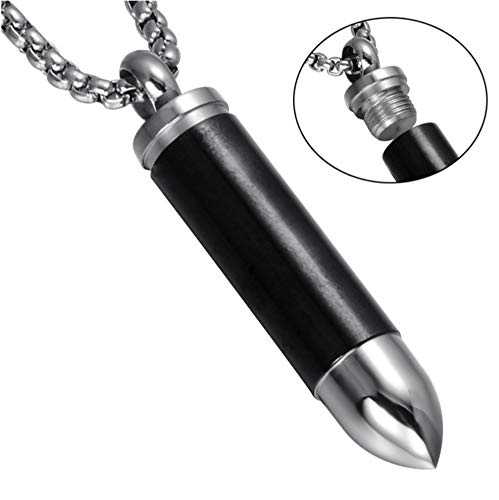 Black Silver Stainless Steel Memorial Keepsake Cremation Necklace Urn Ashes Holder Bullet Pendant with 22 Inch Rolo Chain2