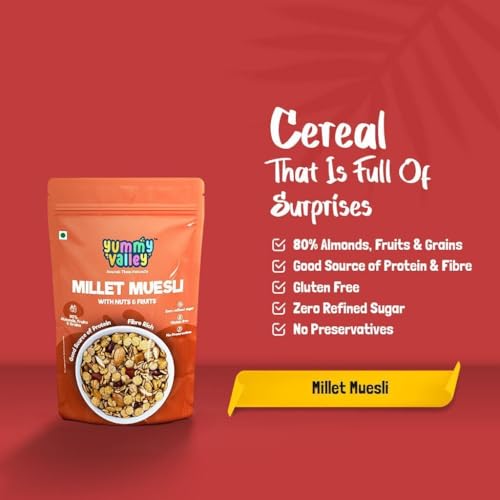 Image of Yummy Valley Millet Muesli Fruit, Nut & Seed 2.0-500g| 3.73g High Protein Muesli with High Fibre, 80% Multigrain with Sorghum & Almonds |No Refined Sugar | Jaggery Sweetened Breakfast Food for Adults