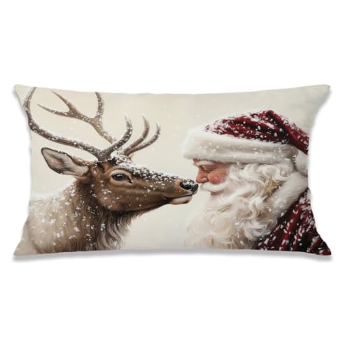 Udinaz Winter Christmas Reindeer Santa Claus Pillow Covers 12x20 Double-Sided, Farmhouse Christmas Decor, Vintage Rustic Winter Lumbar Pillow Covers for Home Bedroom Living Room