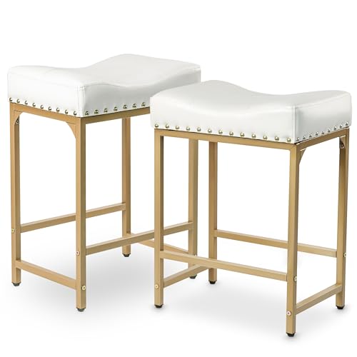 Image of Bar Stools Set of 2, 24 Inch Gold White Counter Height Stools with Cushion, Faux Leather, Metal Frame, Modern Style Stools for Kitchen Counter Island