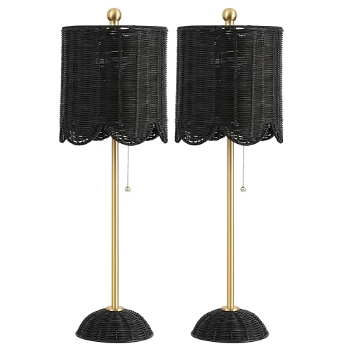 JONATHAN Y 27.5" Black/Brass Gold Coastal Buffet Table Lamp Set of 2 for Bedroom, Boho Table Lamps with Natural Rattan Scalloped Shade, Pull Chain, LED Bulbs Included (JYL1138C-SET2) by JONATHAN Y - Image 9