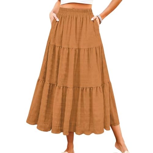 HUSKARY Women's Summer Casual Elegant Smock Layered Tiered Maxi Skirt High Waisted A Line Flowy Long Skirts with Pockets X-Small Beige