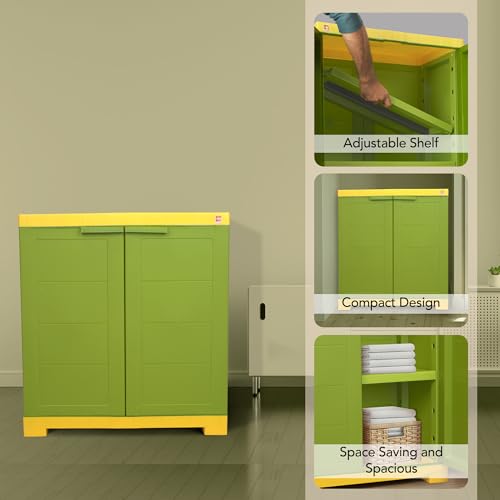 Image of Cello Novelty Compact Bookshelf, Green & Yellow | 2 Dustproof Doors | Space Saving Cupboard | Plastic Book Shelf | Multipurpose Book Shelf for Home, Office | Book Organizer for Library