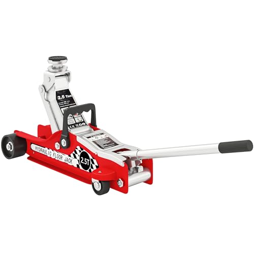 HOMCOM Hydraulic Low Profile Floor Jack, 2.5 Tonne Heavy Duty Steel Trolley Car Jack Lift with 80-360 mm Lifting Range, Wheels, Top Handle, Red