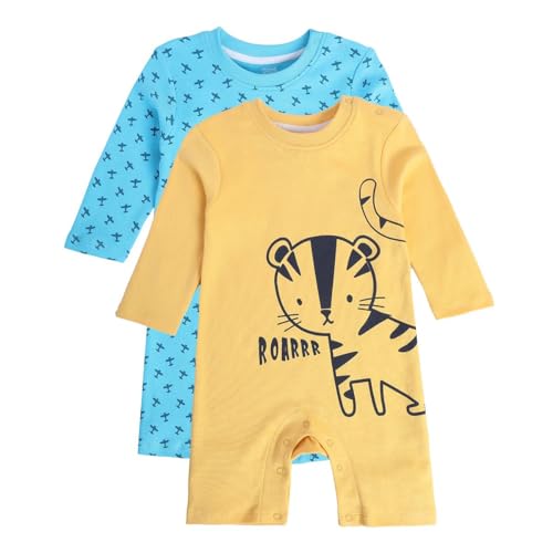 Image of miniklub Baby Round Neck Knitted Cotton Printed Romper, Pack of 2 (Blue /Yellow Color)