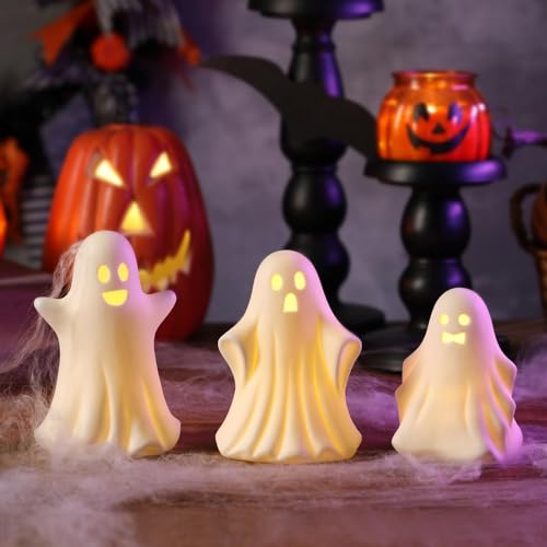 Halloween Ghost Decorations - 3 Pcs Gothic Ceramic Ghost Light Up Decor, White Ghost Figurine for...