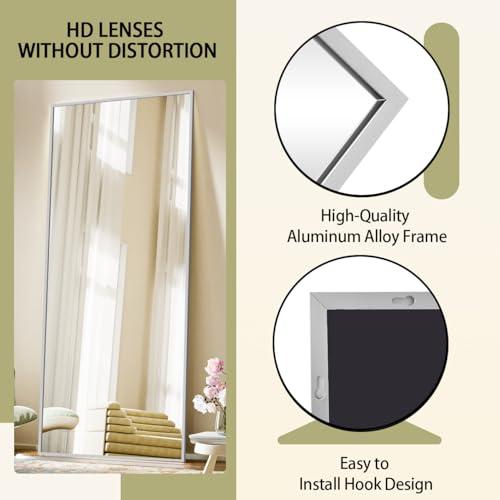 Image of BEAUTYPEAK Full Length Mirror with Stand, 56 inchx21 inch Floor Mirror with Aluminum Alloy Thin Frame, ShatterVue Tempered Full Body Mirrors, Free Standing or Wall-Mounted Mirrors for Living Room, Silver