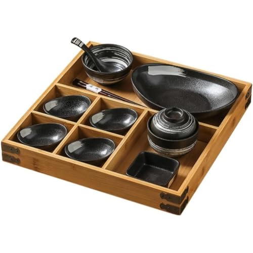 和食前菜用 仕切り付き豆皿セット (D) セラミック小皿 + 竹製トレー 盛り鉢 食洗機・電子レンジ対応 食器セットEnergyDeer (B,a)