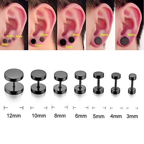 Black Round Stud Earrings Set Stainless Steel Ear Studs for Men Women 3-10mm3