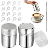 2 Stück Puderzuckerstreuer, Kakaostreuer für Cappuccino Edelstahl Mehlstreuer mit Deckel - 16 Stück Druckform - Latte Art Stift, Vielseitiges Kaffeezubehör für Zucker Kakao Zimt Salz