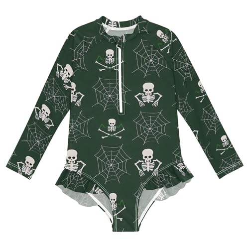 ALAZA Swimsuit for Girls Long Sleeve Rashguard Bathing Suit Web Skull Quick Dry 4T