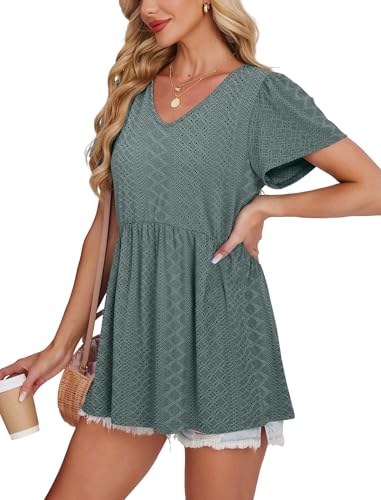 Image of OFEEFAN Womens Summer Tops Babydoll Short Sleeve Shirts Puff Sleeve Peplum Tops V Neck T Shirts