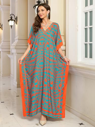 Image of KECVOT Kaftan Dresses for Women V-Neck Print Swimsuit Cover Up Plus Size Beach Caftan Lounge Dress