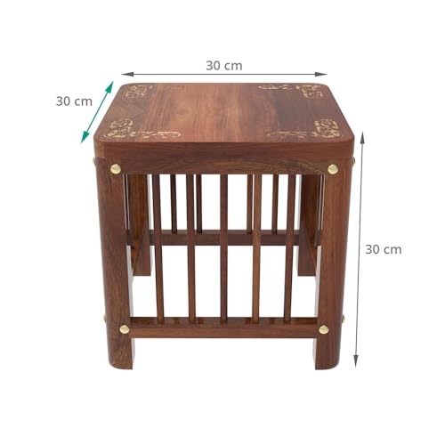 Image of Device Bas with BROWN ART SHOPPEE wooden End Table Stool, Boho Side Table with Carving Design, Nightstand Bedside Table For Small Spaces, Bedroom, Living Room, Entryway, Farmhouse