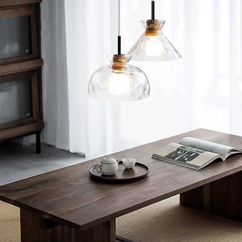 Lámpara colgante de vidrio y madera regulable para techo de comedor 6