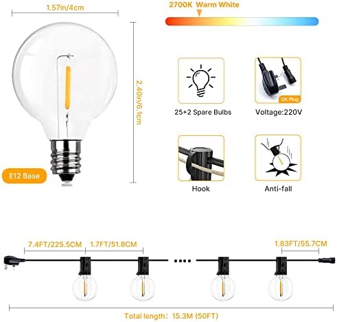 Mumaniu Outdoor String Lights Mains Powered 15.3M/50.2FT, G40 Waterproof String Lights with 25+2Pcs(Spare) Plastic Bulbs,1W 2700K Warm White Shatterproof Festoon Lights for Indoor Outdoor Decorative