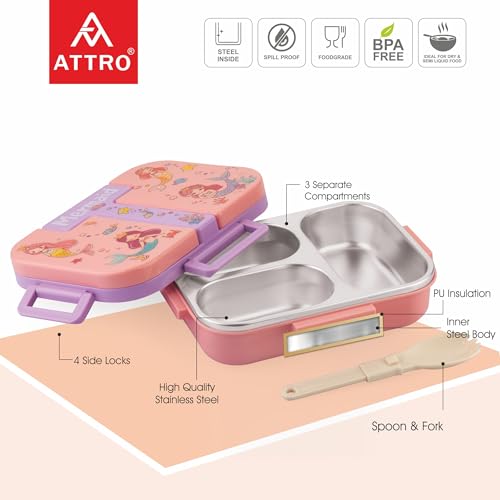 Image of ATTRO Tangy Bite Stainless Steel Lunch Box - 3 Compartment Bento Tiffin, Leak-Proof & Durable, Plastic Spoon, Ideal for Kids, School, Picnic- Peach- 600ml-Mermaid Theme