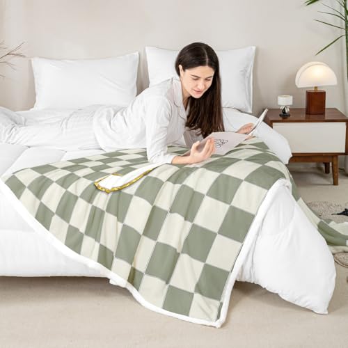 Image of Erosebridal Sage Green Checkered Sherpa Blanket Plaid Initial J Fuzzy Plush Throw Personalized Monogram Fleece Blanket for Kids Boys Girls,Fashion Grids Gingham Decor for Bed Couch Queen 90 inchx90 inch
