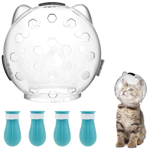 Cat Muzzle, Cat Mouth Cover for Grooming with 4 Silicone Paw Shoes, Cat Anti Bite Helmet, Silicone Claw Covers, Cat Breathable Hood for Cats Bathing Shaving Nail Trimming (Large)