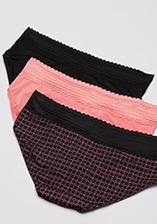 Warners Women's Blissful Benefits No Muffin Top 3 Pack Lace Hipster Panties, Black/Flamingo Pink/Miami Pink Octagon, L