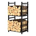 KANEODOT 32.3”Tall Firewood Rack Outdoor Indoor,2-Tier Firewood Holder with 4 Hooks,Metal Wood Rack for Fireplace or Patio,Portable Fire Wood Pile Storage Organizer,Black